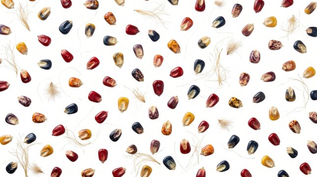 Pattern of colorful flint corn kernels on white background 