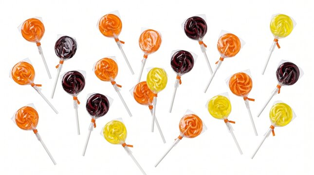 Wrapped Halloween lollipops on sticks on white background