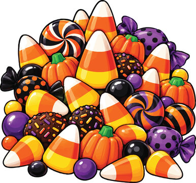 Halloween candy vector illustration featuring colorful corn pumpkins swirled lollipops and sweet treats for festive celebrations