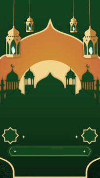 Hanging golden lanterns and green mosque silhouettes on a dark green decorative background for festive occasions