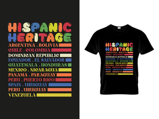 Branding Hispanic Heritage Month apparel graphic featuring colorful retro typography listing Spanish-speaking countries displayed on a black mockup T Shirt, Shirt © romanhrimon