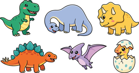 Cute Dinosaur Cartoon Character Set Featuring Tyrannosaurus Rex Triceratops Stegosaurus Brachiosaurus Pterodactyl and Baby Hatching from Egg Vector Illustration © alom