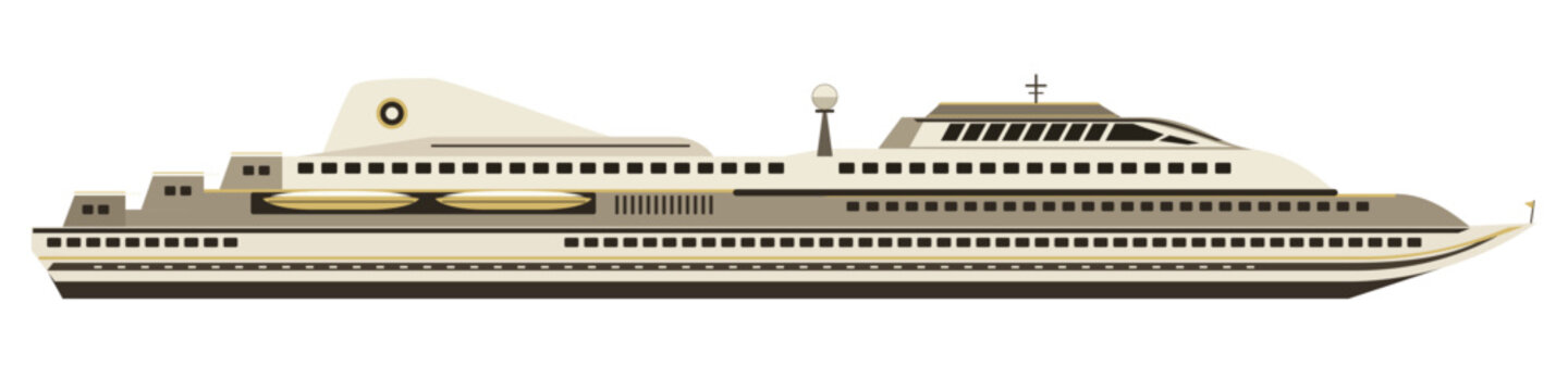 Vintage luxury ocean liner in side profile, antique nautical cruise ship, beige classic sea vessel, retro maritime transportation