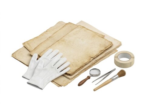 Aged paper manuscripts with cotton gloves and preservation tools, historical preservation process