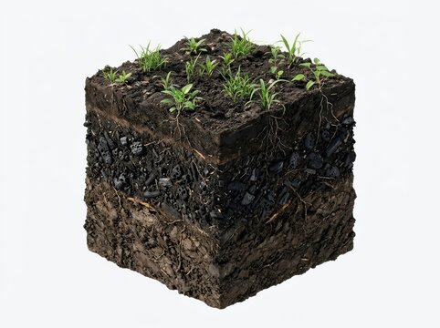Carbon rich soil layers with biochar particles, carbon sequestration concept