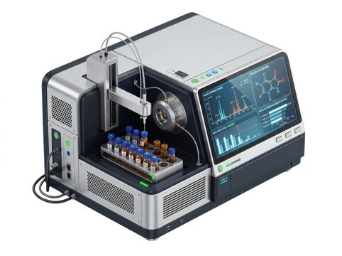 Compact mass spectrometer with sample vials and molecular data display, analytical chemistry testing