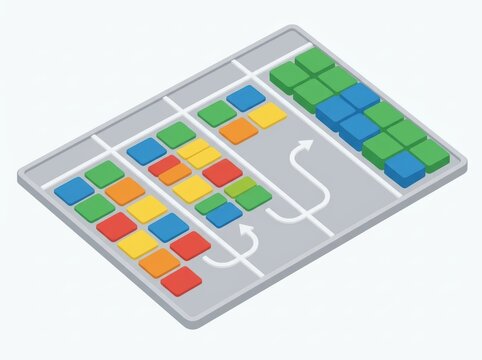 Kanban board with colorful task cards and workflow arrows, agile project coordination