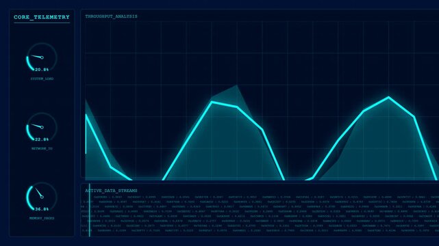 Futuristic Data Visualization Dashboard Showing System Load And Throughput Analysis