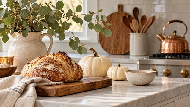 Rustic autumn kitchen with sourdough bread, white pumpkins and eucalyptus