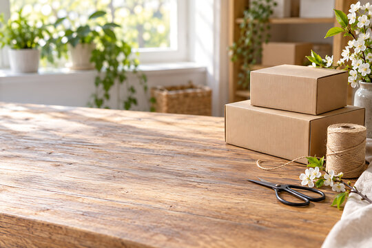 Plain parcels and twine on a spring packing table