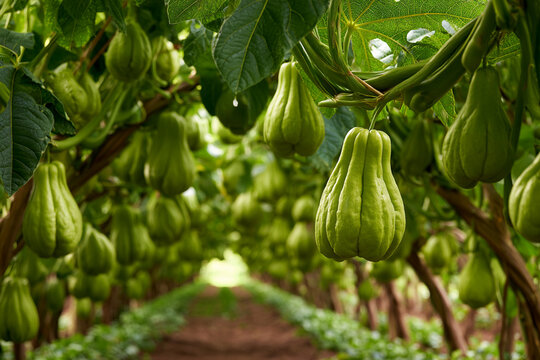 Chayote squash growing in a lush farm field surrounded by green leaves and soil
