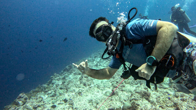 Scuba Diver Hooked into the Reef at Blue Corner