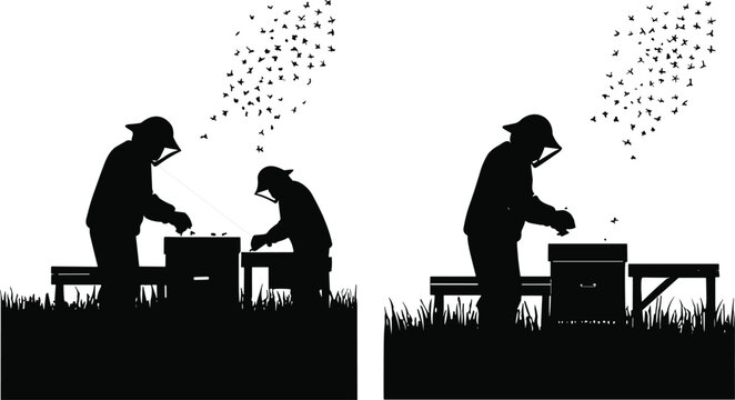 Beekeeping Silhouette, Honey Production, Beekeeper Working, Apiary Management, Rural Farming Design Vector