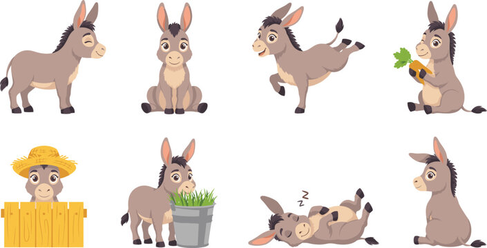 Cute Little Donkey Character Set with Happy Farm Animal Mascot in Various Poses for Countryside Nursery Decor and Educational Vector Designs