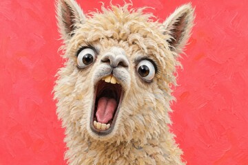 Fototapeta premium Close up portrait of a shocked alpaca with wide eyes and open mouth against a vibrant red background, humorous animal art for expressive greeting cards