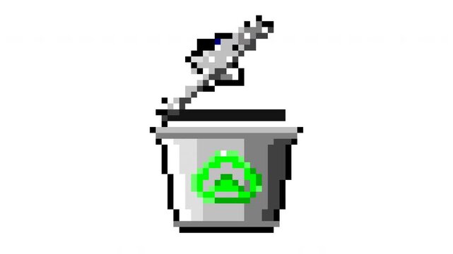Pixel art recycling bin animation sequence on white background