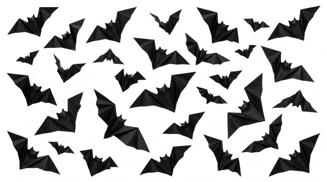 Pattern of black origami paper bats flying on white background