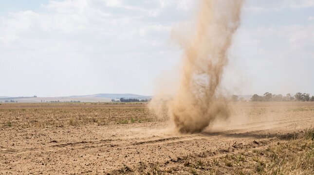 Dust devil swirling over a dry dryland agricultural field during hot weather