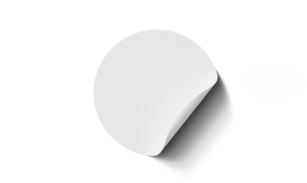 Realistic blank white circular sticker with a curled peeling edge and soft shadow, isolated on a transparent background