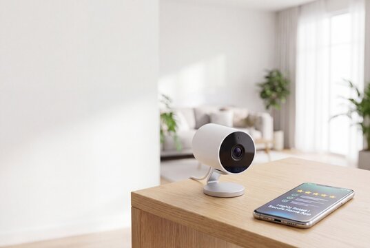 Smart camera placed on a table near a smartphone