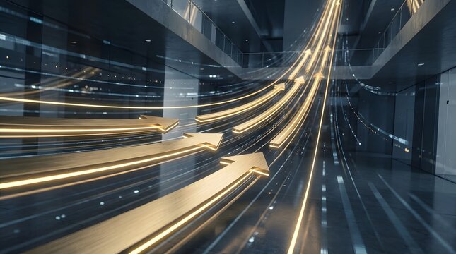 Glowing gold directional arrows surging upward swiftly through modern architectural interior space, symbolizing business growth and corporate success