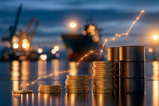 Growth in investment seen through stacks of coins and oil barrels at a harbor during twilight