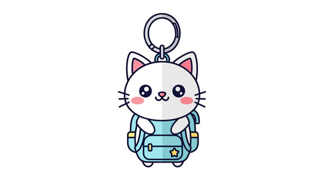 Cute Kawaii White Cat with Blue Backpack Keychain Illustration, Adorable Pet Accessory Vector Art for Kids and Anime Fans