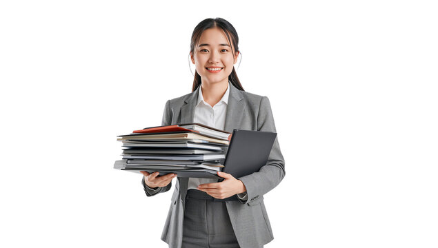 Smiling Young Asian Businesswoman Holding Stack of Folders and Laptop Isolated on Transparent Background