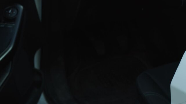 Car door opening and man exiting vehicle in slow motion, driver stepping out of automobile, vehicle side door opening action, automotive transportation concept and personal mobility movement