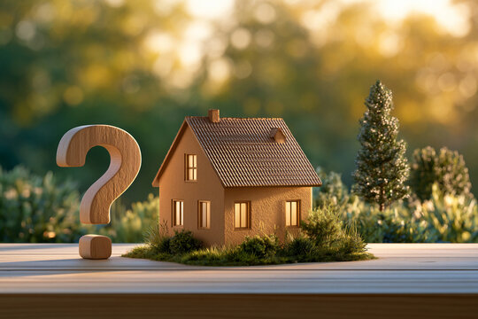 Wooden house model with question mark in a garden setting during sunset