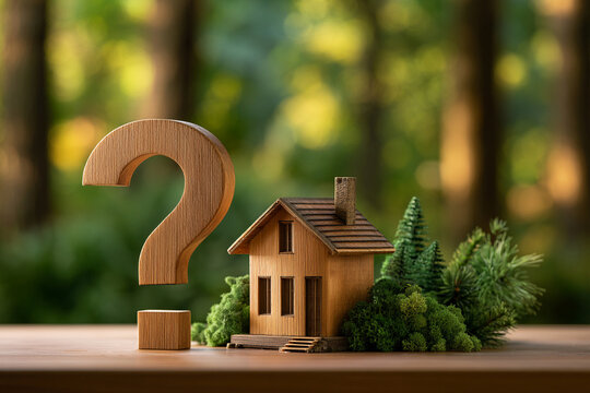 Wooden house model next to a large wooden question mark in a forest setting