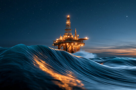 Oil rig stands tall above waves during twilight hours in the ocean