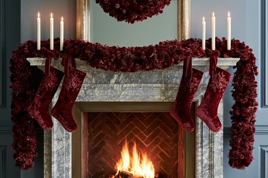 Traditional fireplace decorated with red floral garland, velvet stockings, white candles, marble surround, herringbone firebox, and glowing flames in elegant festive interior