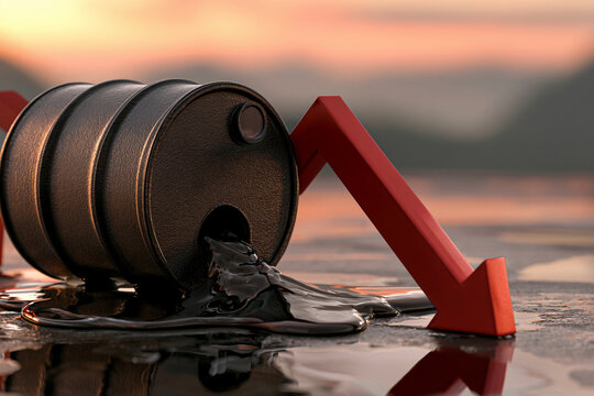 Oil barrel leaking liquid with a downward arrow indicating price drop during sunset