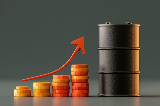 Graph shows rising oil prices with coins stacked next to an oil barrel in a simple setting