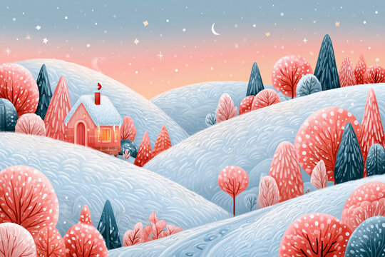 Snow-covered hills with a small house and colorful trees during sunset