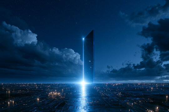 Mysterious tower stands in a futuristic city at night under a starry sky