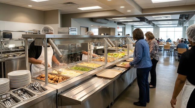 Cafeteria line with staff serving food to customers at a buffet counter