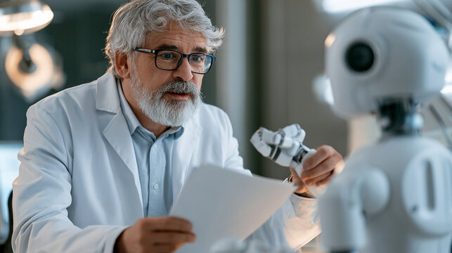 Scientist interacts with robot in a lab while holding a paper in hand