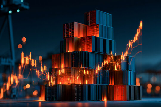 Containers stacked with graph trend in background at a shipping yard during night