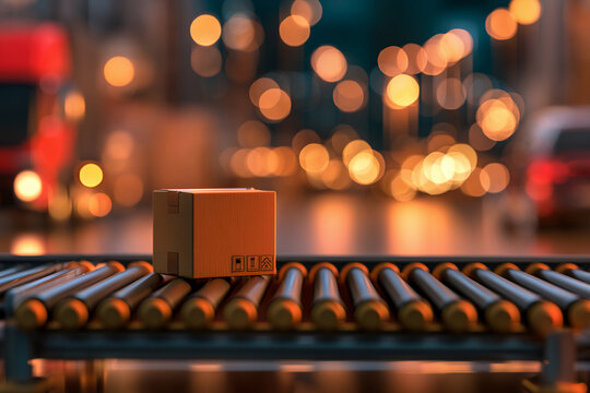 Box on conveyor belt in busy warehouse during evening hours with blurred lights in background