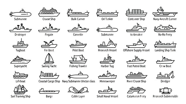 Set of various types of ships and boats icons