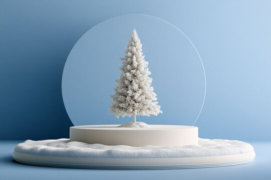 Winter scene featuring a snow-covered tree inside a glass dome on a soft base
