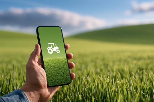 Person holds a smartphone showing a tractor icon in an open field during daylight