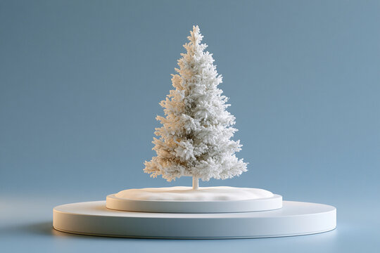 White tree placed on a circular display with a blue background in a studio setup