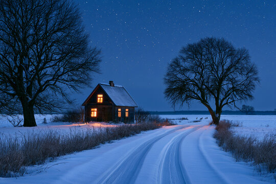 Snowy landscape with a house and trees under a night sky filled with stars