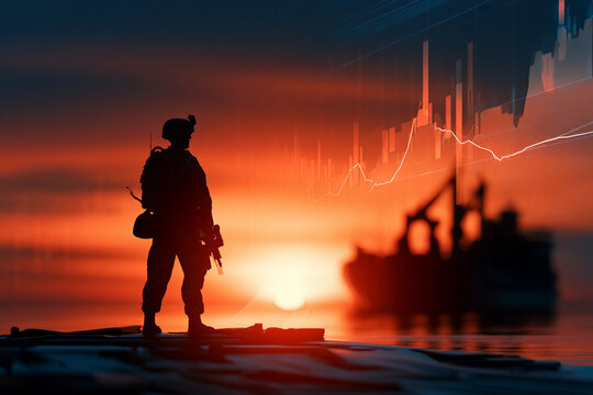 Soldier stands by the water at sunset with a ship and financial graph in the background