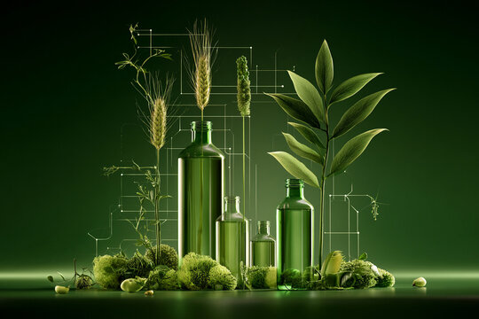 Green glass bottles and plants arranged on a dark background with modern digital elements present in the design