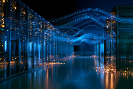 Data center with blue lights and flowing lines showing network activity