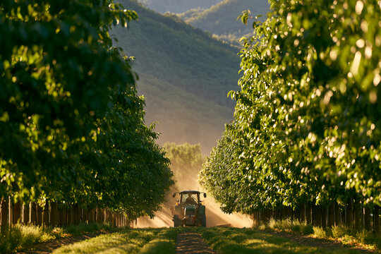 Tractor working in a fruit orchard with trees creating rows along the path